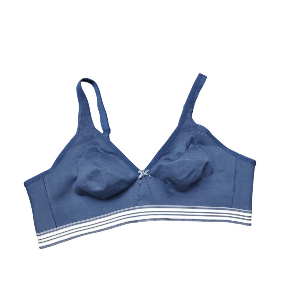 Cacique Navy Blue Cotton Blend with Sporty Striped Band Unlined Wireless Bra 44C